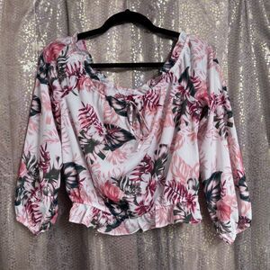 Guess White Pink Tropical Floral Lightweight Balloon Sleeve Blouse Medium